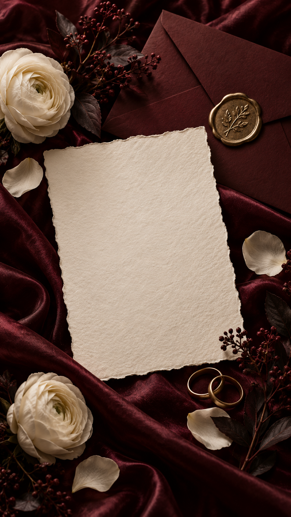 Burgundy silk, ivory flowers, wedding stationery and gold rings